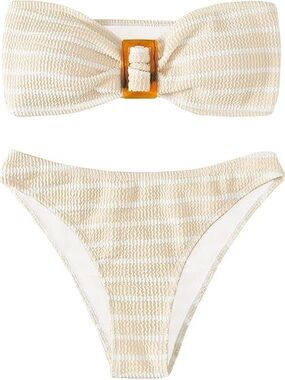 Beige Striped Bandeau Bikini Set - Women Swim